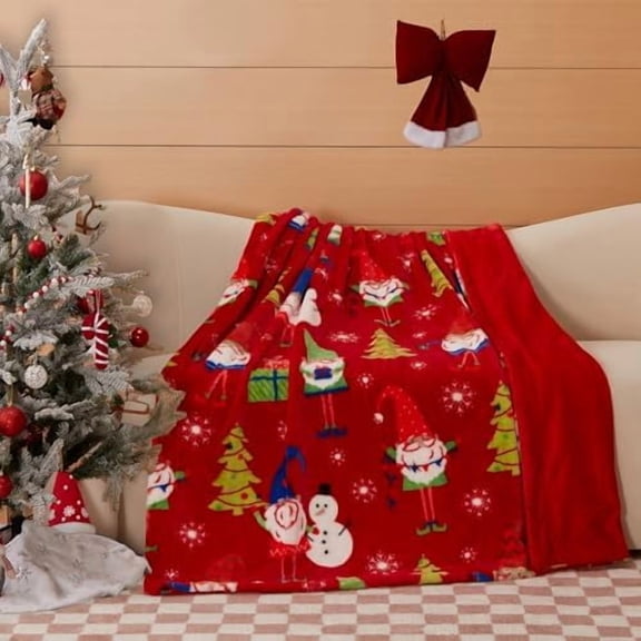 Christmas Faux Rabbit Fur & Flannel Throw Blanket 50x60 Inch - Festive Luxury Soft & Cozy, Perfect for Holiday Decor, Bed, Sofa, Couch, Father Christmas Pattern,Red
