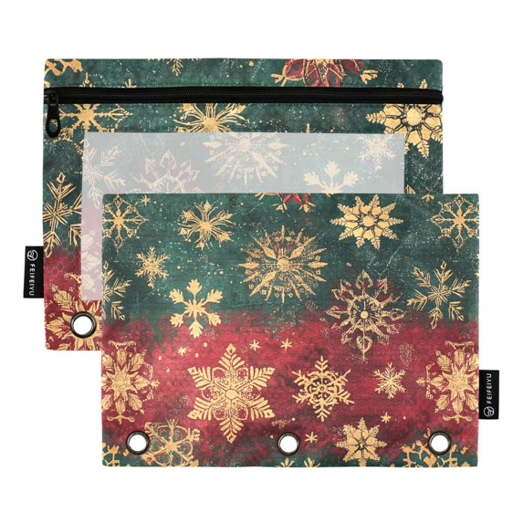 Christmas Featuring Snowflakes 2 Pack Pencil Pouch for 3 Ring Binder Smooth Zipper Folders with Pockets Clear Window Pencil Case