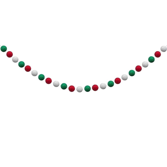 Christmas Felt Ball Garland 6.6ft – Red White Green Wool Wreath String, Holiday Fireplace Tree Stair Decoration, 30pcs 1in Balls, Handmade Polyester
