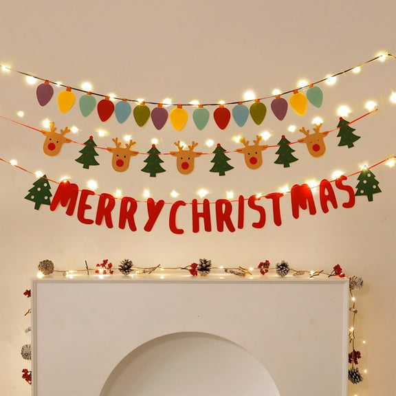 Christmas Felt Banner with String Lights - "MERRY CHRISTMAS" Reindeer & Tree Hanging Flags, Festive Garland for Holiday Party Wall, Window & Home Decorations