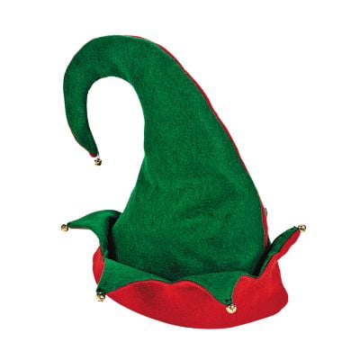 Christmas Felt Elf Hat with Jingle Bells Green and Red Adult
