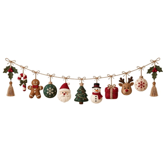 Christmas Felt Garland Holiday Banner, Rustic Christmas Tree Snowman Reindeer Hanging Ornaments, Festive Wall Mantel Party Decorations