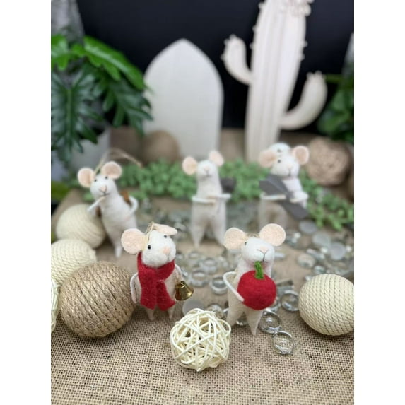 Christmas Felt Mice with Pink Ear Ornaments 5pcs, Xmas Wool Mouse Hanging decorations