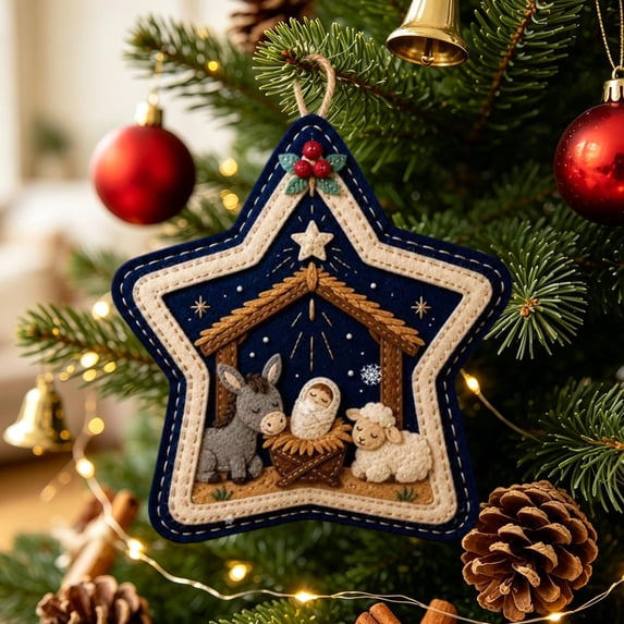 Christmas Felt Nativity Ornament, Star Shaped Hanging Decoration With Manger Donkey and Sheep for Christmas Tree Wall Door Window Wreath Holiday Decor, 2.36 inch B
