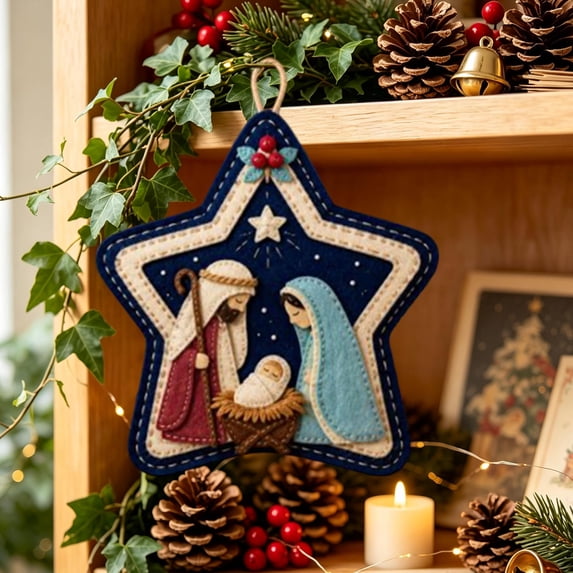 Christmas Felt Nativity Ornament, Star Shaped Hanging Decoration With Manger Donkey and Sheep for Christmas Tree Wall Door Window Wreath Holiday Decor, 2.36 inch A