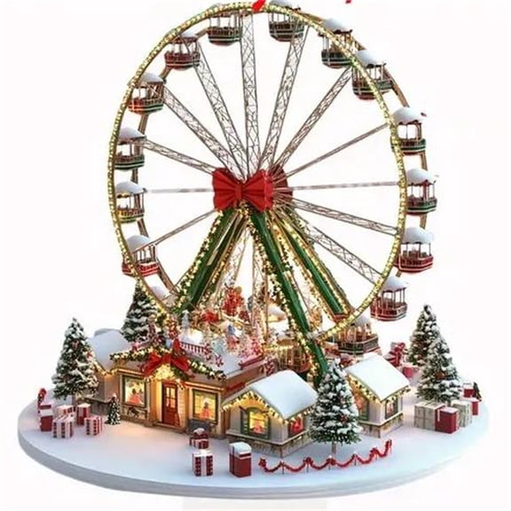 Christmas Ferris Wheel Tabletop Decoration, Lighted Carnival Scene with Snowy Cabins and Trees, Festive Centerpiece for Living Room Office Holiday
