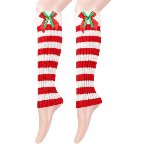 Christmas Festival Bowknot Striped Leg Warmers Winter Warm Plush Trim Knitted Holiday Foot Covers Footless Boot Socks