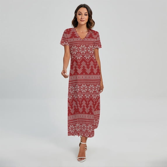 Christmas Festive Knitted Pattern Printed Short Sleeve Maxi Dress, Jesus Christian Fashion Summer Maxi Dress For Women