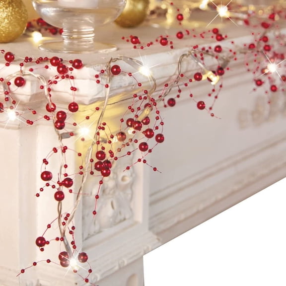 Christmas Festive Lighted 30LED Berry Beaded Garland for Indoor Decorations Xmas, Thanksgiving, Home Table Decor