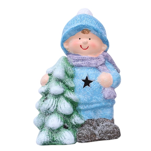Christmas Figurine Ceramic Sculpture Boy Statue with LED Light for Indoor Home Fireplace Mantle Decor