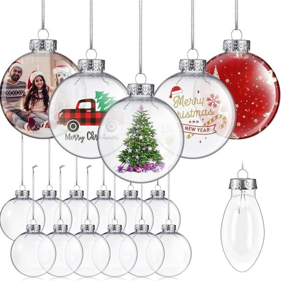 Christmas Fillable Ball Ornament,Christmas Clear Hanging Ornaments,Plastic DIY Photo Ornaments Balls for Christmas Holiday Xmas Tree,Decoration Ornaments,3.15 inch Flat Round Ball,12 Pcs