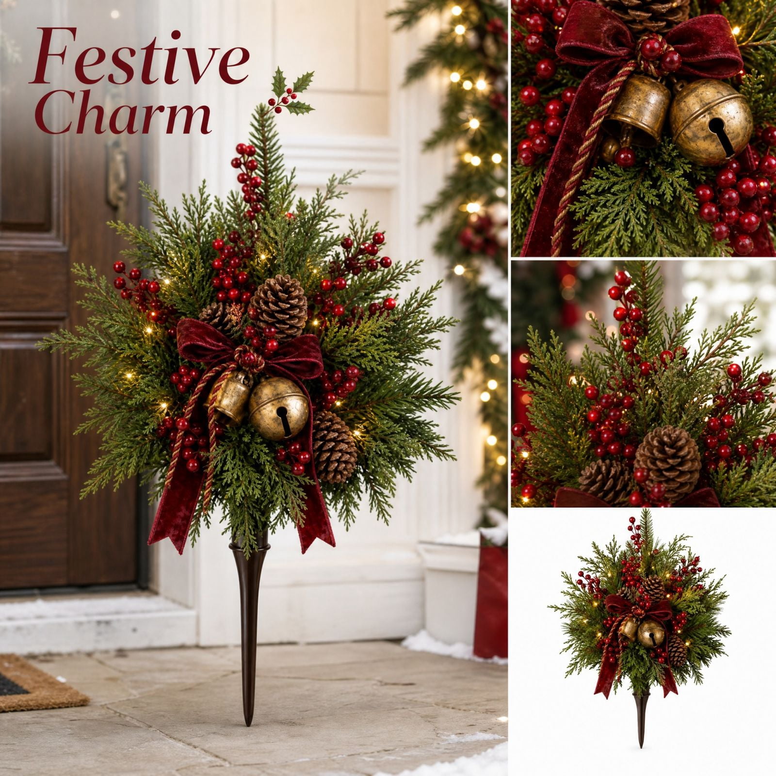 Christmas Filler with Ground Stake, Artificial Cedar Greenery with Red ...