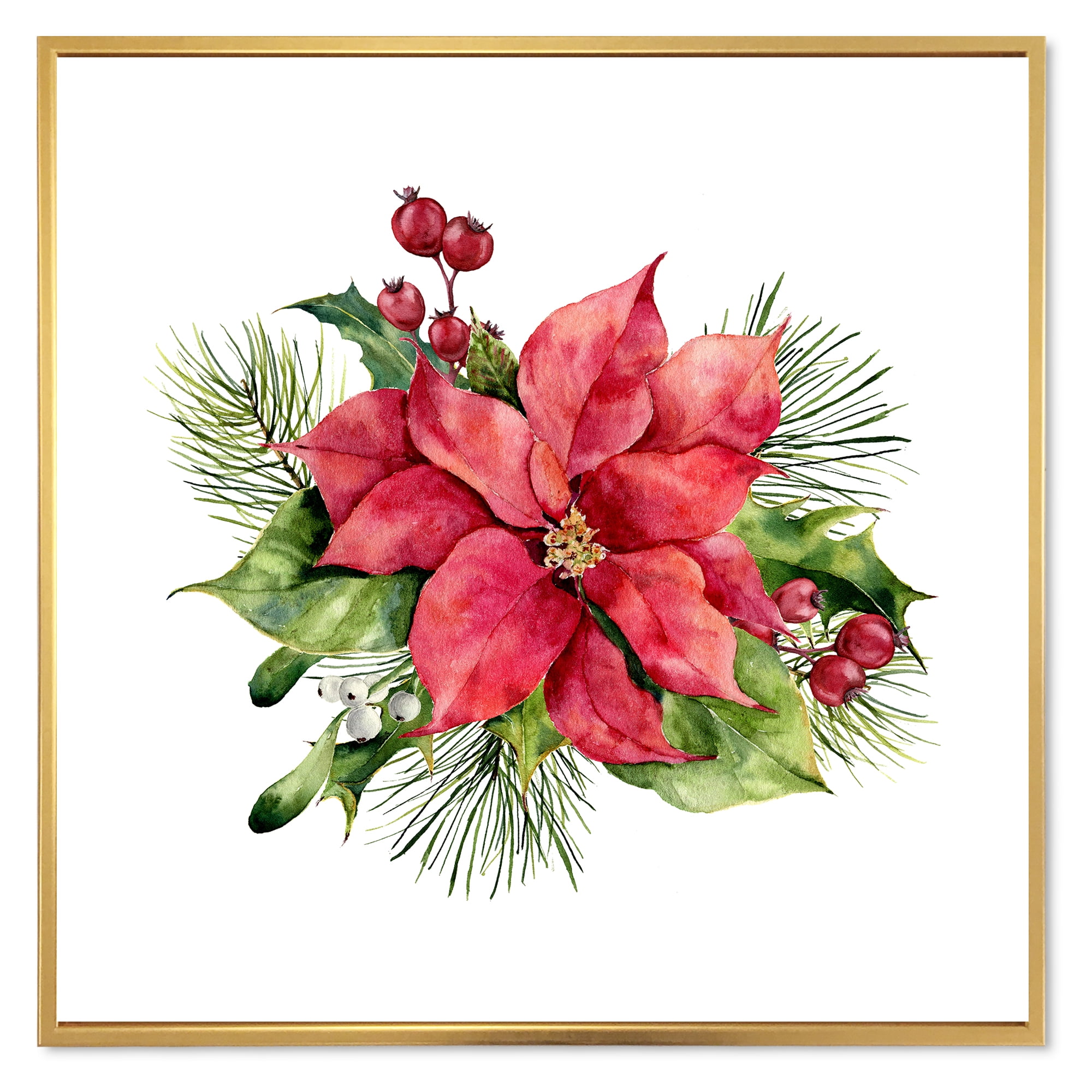 Christmas Fir Branch and Holly Mistletoe Berries I 16 in x 16 in Framed Painting Canvas Art Print, by Designart