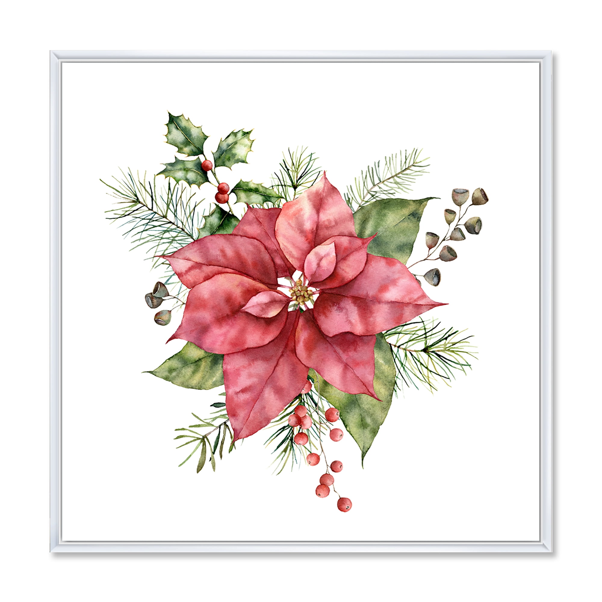 Christmas Fir Branch and Holly Mistletoe Berries II 30 in x 30 in Framed Painting Canvas Art Print, by Designart