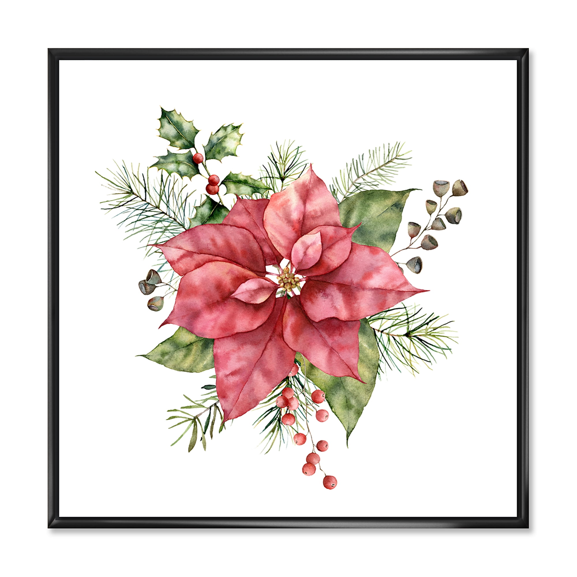 Christmas Fir Branch and Holly Mistletoe Berries II 36 in x 36 in Framed Painting Canvas Art Print, by Designart