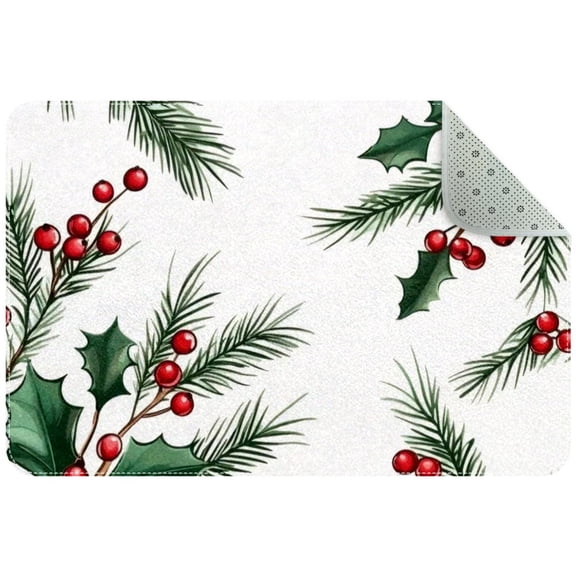 Christmas Fir Branches and Berry Pattern Small Area Rug, Non-Slip Door Mat Indoor Floor Mat, Washable Kitchen Rug Entrance DMat for Bedroom Living Room