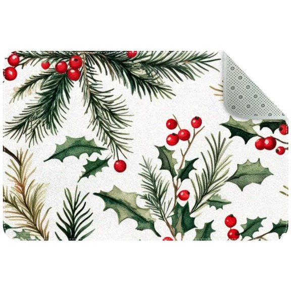Christmas Fir Branches and Berry Seamless Pattern Small Area Rug, Non-Slip Door Mat Indoor Floor Mat, Washable Kitchen Rug Entrance DMat for Bedroom Living Room