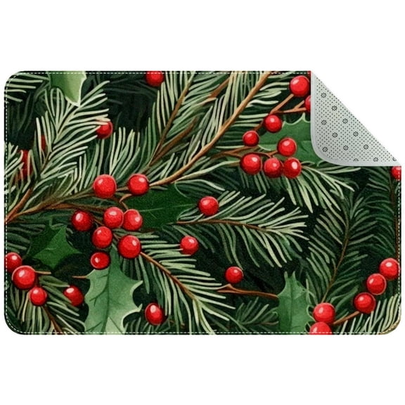 Christmas Fir Branches and Holly Berry Seamless Pattern Small Area Rug, Non-Slip Door Mat Indoor Floor Mat, Washable Kitchen Rug Entrance DMat for Bedroom Living Room