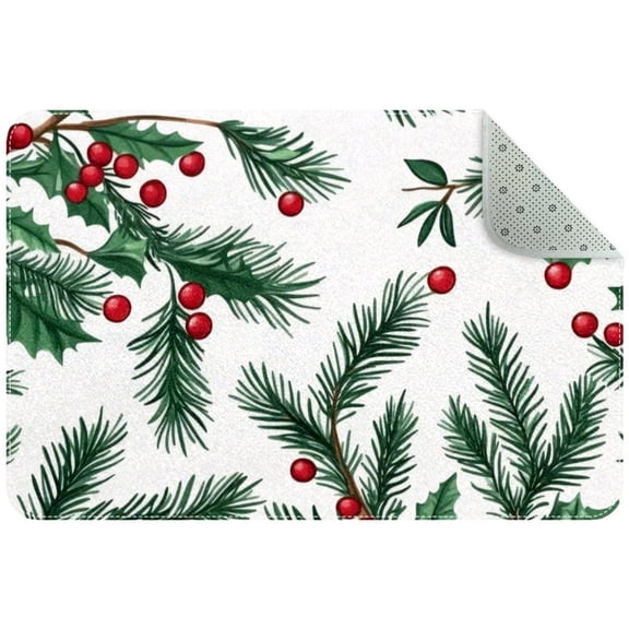 Christmas Fir Branches and Xmas Berry Pattern Small Area Rug, Non-Slip Door Mat Indoor Floor Mat, Washable Kitchen Rug Entrance DMat for Bedroom Living Room