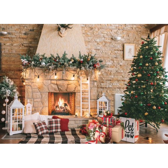 Christmas Fireplace Backdrop 10x8ft - Rustic Holiday Hearth with Garland, Tree & Gifts - Vinyl Photo Background for Xmas Family Party, Decoration, Photography Booth D470