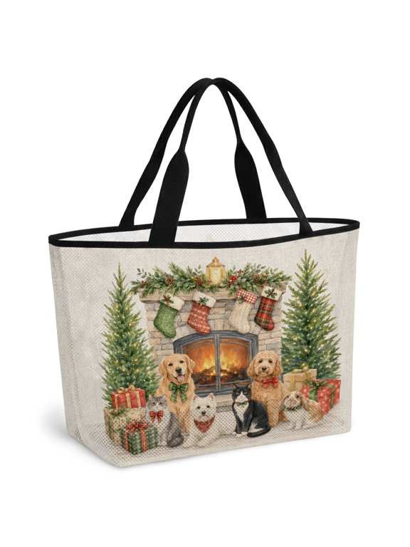 Christmas Fireplace Beach Bag for Women, Large Breathable Mesh Beach Tote Bag, Xmas Tree Farmhouse Dogs Cats Sandproof Lightweight Travel Bags for Vacation Picnic Swimming Pool 15.7"x15.7"x9.1"