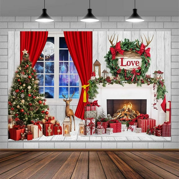 Christmas Fireplace Castle Window Backdrop Interior Vintage Xmas Tree Stockings Winter Photography Background Portrait Photobooth Party Festival Banner Decorations Photo Studio Props 8X6FT