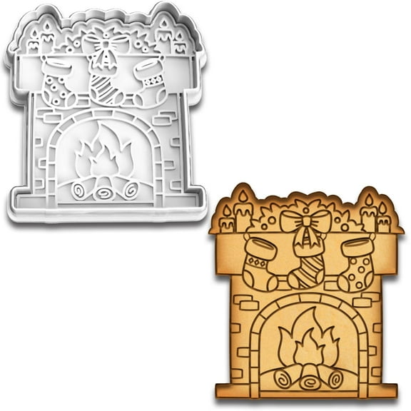 Christmas Fireplace Cookie Cutter & Stamp Set - 4.25x3.85 Inches, Holiday Baking and Decorating Tool
