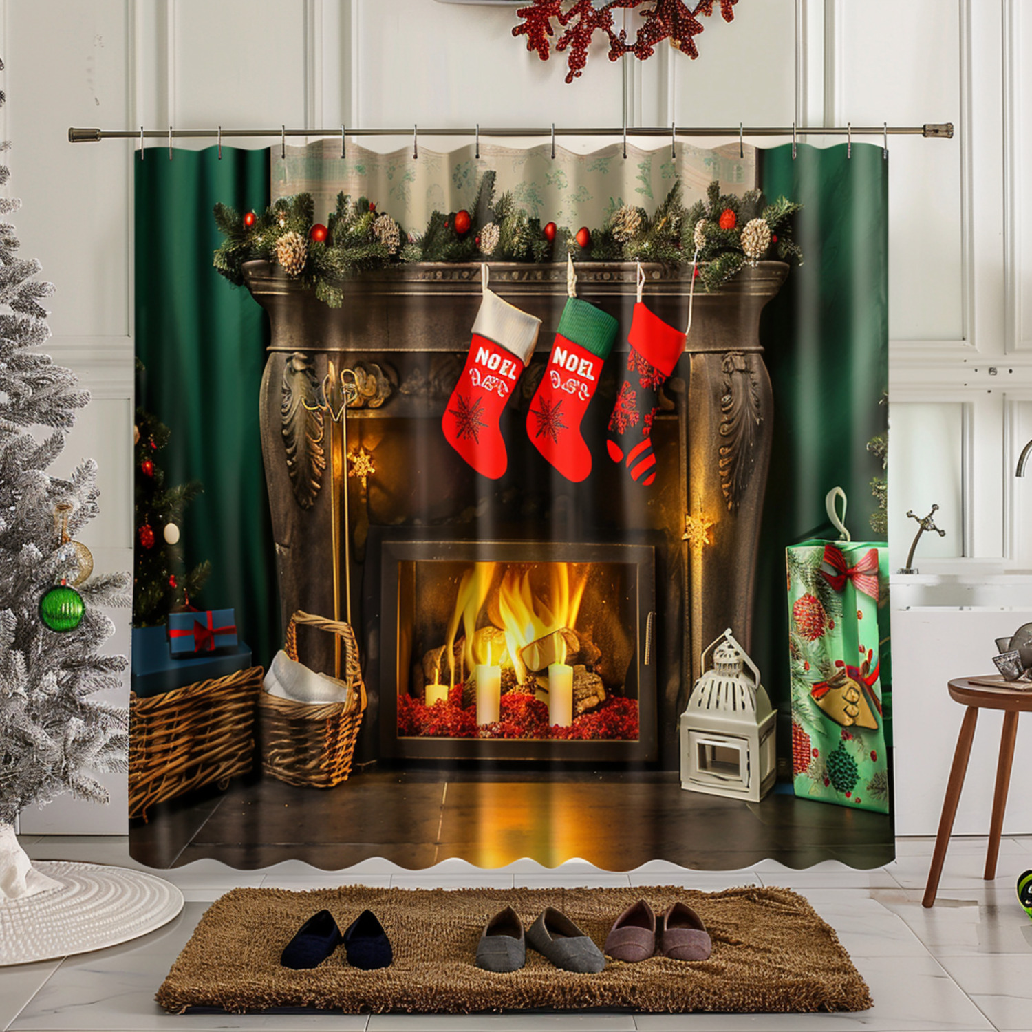 Christmas Fireplace Decor Set with NOEL Bathroom Curtain Green