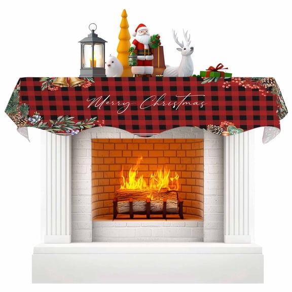 Christmas Fireplace Mantel Scarf Table Runner, Pine Cones Botanical Xmas Red Black Plaid Winter Garland Mantel Top Tablerunners Dresser Scarves Cover Decorations for Windows Party Living Room 60"x17"