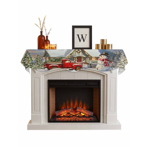 Christmas Fireplace Mantle Scarf, Farmhouse Xmas Snowman Tree Truck Snowflake Mantel Cover Table Runner for Home Living Room Door Window, Indoor Outdoor Holiday Party Decor 17" x 60"