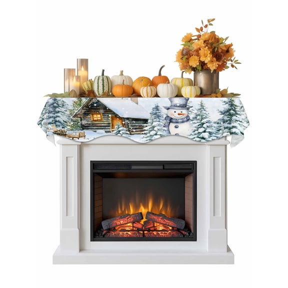 Christmas Fireplace Mantle Scarf Winter Blue Snowman Xmas Tree Farmhouse Snow Scene Mantel Cover Runner Fireplace Cloth for Holiday Party Home Living Room Decor 90 x 17 Inch