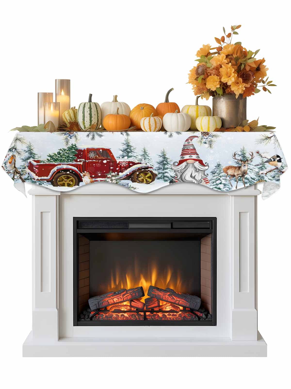 Christmas Fireplace Mantle Scarf Xmas Gnome Truck Pine Tree Leaf Animals Blue Snow Mantel Cover Runner Fireplace Cloth for Holiday Party Home Living Room Decor 70 x 17 Inch