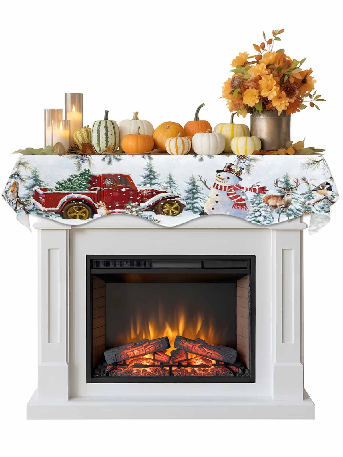 Christmas Fireplace Mantle Scarf Xmas Snowman Truck Pine Tree Leaf Animals Blue Snow Mantel Cover Runner Fireplace Cloth for Holiday Party Home Living Room Decor 70 x 17 Inch
