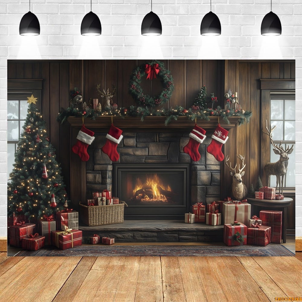 10x8ft Christmas Fireplace Backdrop – Rustic Wooden House Photo Background For Parties & Photography