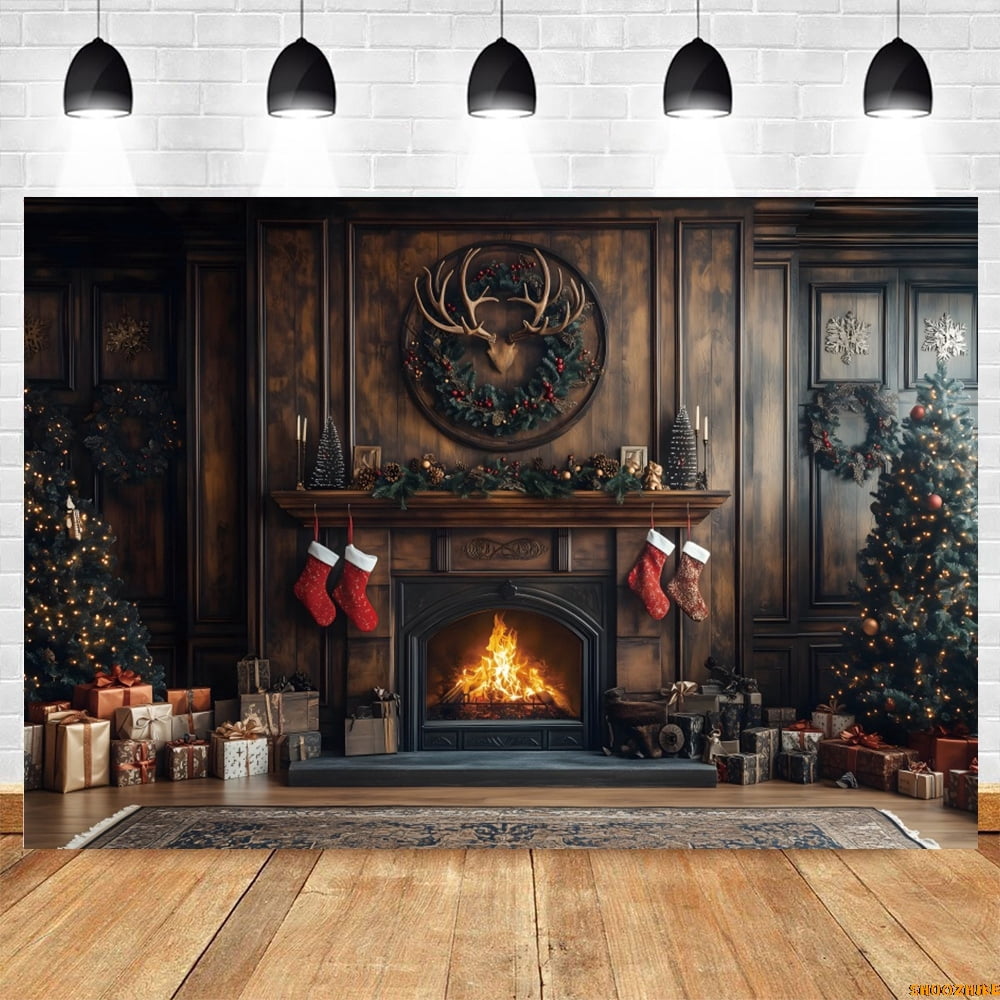 Christmas Fireplace Photography Backdrop Xmas Tree Gifts Toy Bear Socks ...