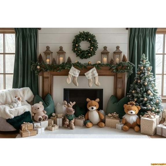 Christmas Fireplace Photography Background Xmas Tree Toys Gifts Wreath Kids Family Party Portrait Photo Backdrop Photobooth Prop