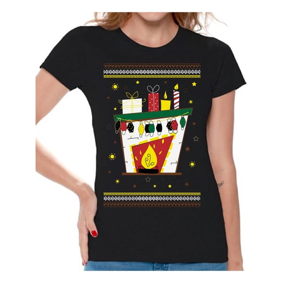 Christmas Fireplace T-Shirt for Women Merry Christmas Women Shirt Happy New Year 2021 Tee for Her Cozy Fireplace Funny Xmas 2020 Ladies Top Happy Holidays Xmas Party Outfit