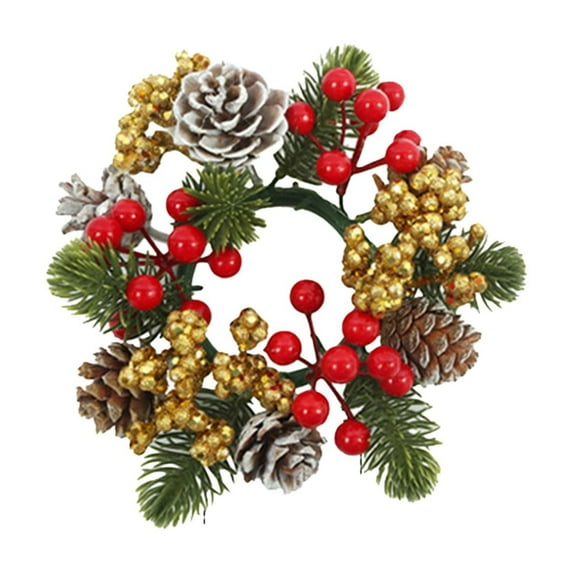 Christmas Fireplace Table Candle Holder Wreath Candle Ring Fall Halloween Artificial Pine Cone Berry Decoration