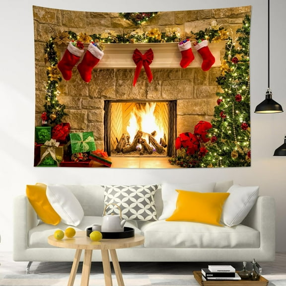 Christmas Fireplace Tapestry Wall Hanging Christmas Tree with Christmas Stocking Decor Xmas Tapestry Warm Christmas Wall Art for Bedroom Room Dorm Outdoor Decor, 80Wx60H inches