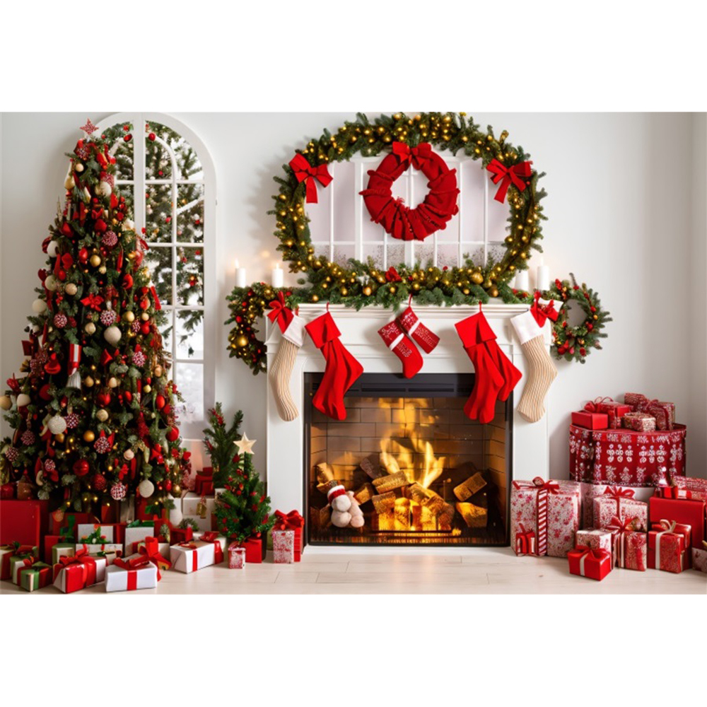 Christmas Fireplace Theme Backdrop for Photography Xmas Tree Gift Toys ...
