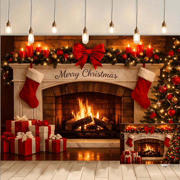 Christmas Fireplace backdrop background Banner for Party Decor