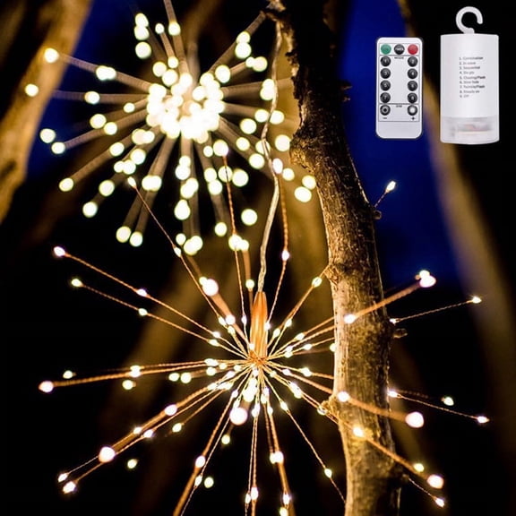 Christmas Firework Lights Decorations, 200 LED Remote&Time 8 Light Mode Firework Lights with Battery Powered, Xmas Holiday Indoor Outdoor Yard Patio Garden Decor, Warm White