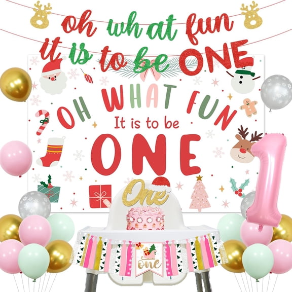 Christmas First Birthday Party Decoration Pink Oh What Fun It Is to Be One Banner Snowman Deer Santa Bow Backdrop High Chair Banner Number 1 Foil Balloon for Girl Christmas 1st Birthday Party Supplies