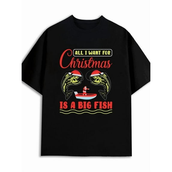 Christmas Fish T-Shirt men 180G 100% Cotton black Funny Unisex Shirt Crewneck tshirts Trendy Unisex Shirt Short Sleeve tshirts Casual Unisex Shirt Short Sleeve tshirts