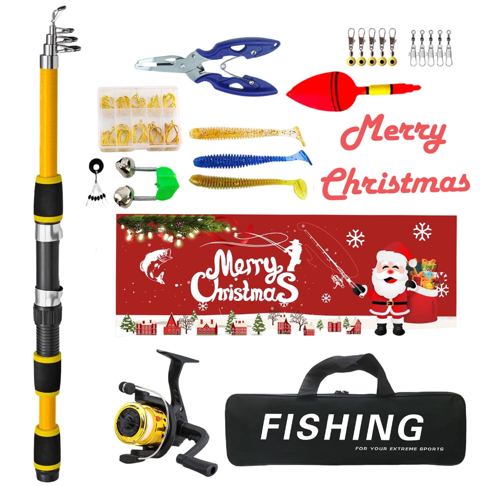 Christmas Fishing Rod Reel Combo Full Tackle Kit Portable Telescopic ...