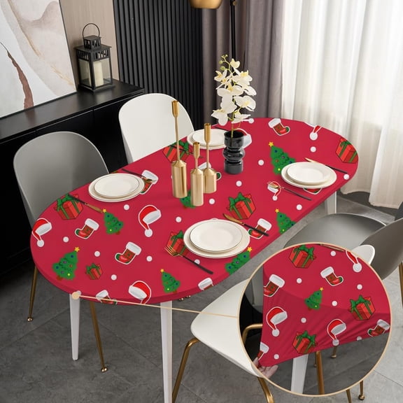 Christmas Fitted Oval Table Cloth 48x68 Inch with Elastic Stretchy Washable Fabric Winter Red Dining Party Tablecloth Non Slip Table Cover Wrinkle Socks and Gifts