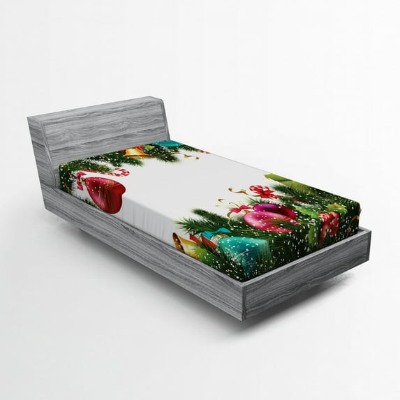 Ambesonne Christmas Fitted Sheet, New Year Celebration, Twin XL Size, Green Maroon