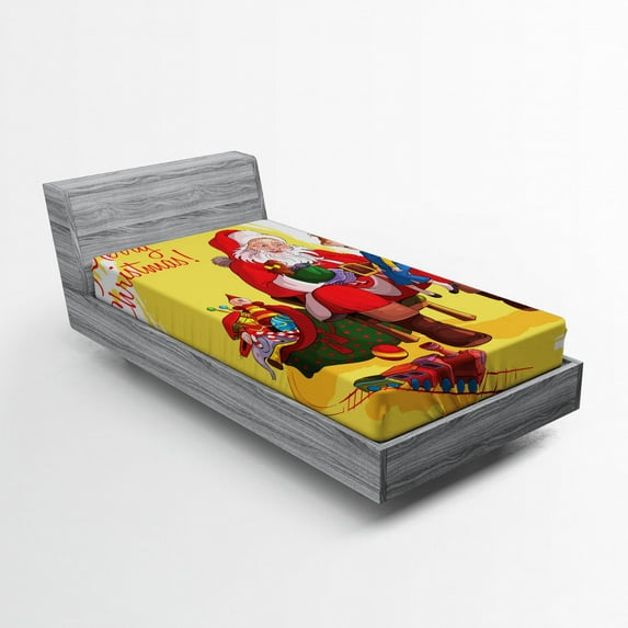 Christmas Fitted Sheet, Little Child Sitting on Santa Knee with Gifts Doll and Toy Train Kids Design, Soft Decorative Fabric Bedding, Twin Size, Multicolor, by Ambesonne