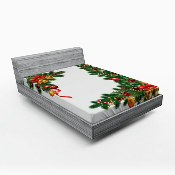 Christmas Fitted Sheet, Noel Ornaments Themed Fir Tree with Ornaments Classical New Year Concept Print, Soft Decorative Fabric Bedding, Full Size, Multicolor, by Ambesonne