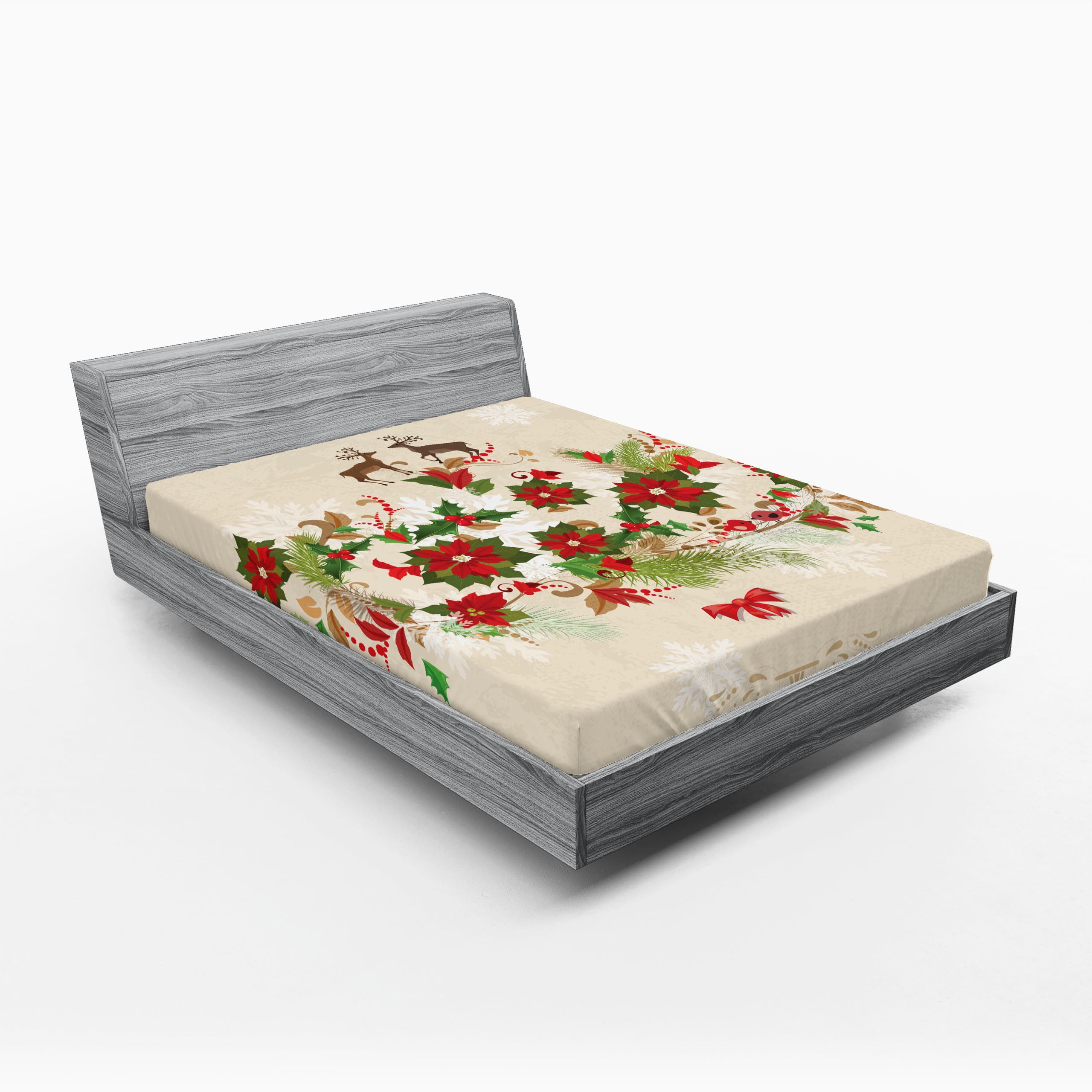 Christmas Fitted Sheet, Noel Themed Motif of Poinsettia Flowers and